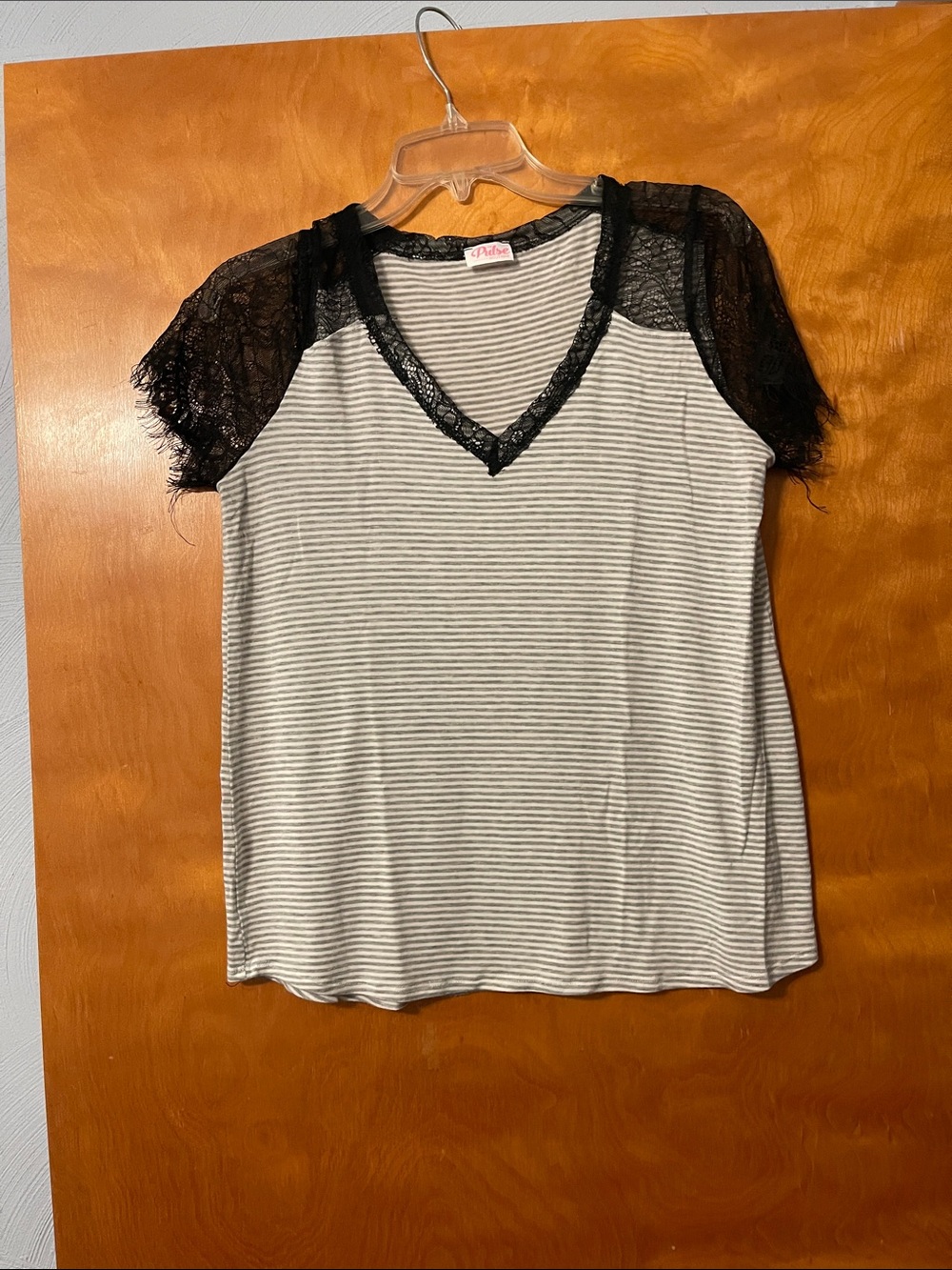 Pulse Black Lace Sleeve Striped V-Neck Top